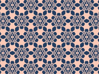 Abstract background with a minimalist and geometric pattern of repeating blue floral shapes on a peach background
