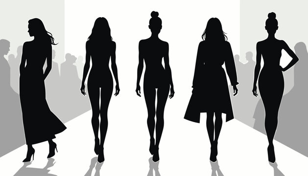 Silhouettes of five female models confidently strutting down the runway, showcasing elegance and style against a backlit fashion show setting.