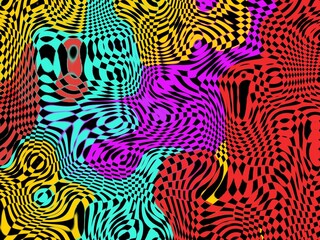 Obraz premium Abstract background with a psychedelic and trippy design featuring a checkered pattern in shades of red, yellow, blue, and pink