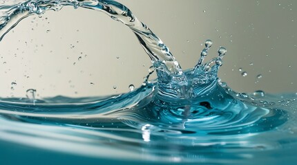 A burst of clear water splashes into a vibrant blue surface, creating ripples and scattering droplets that shimmer in the light, showcasing the beauty of motion and fluidity in water