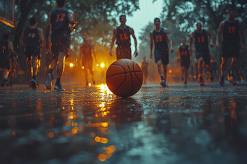 A basketball team warming up before a game, focusing on teamwork and coordination to succeed on the court. Concept of competition.