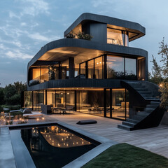 a sophisticated modern home during the evening, showcasing its unique architectural design characterized by fluid curves and expansive glass windows. Clad in striking dark ribbed material, distinctive