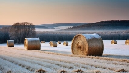 In this beautiful example of Rural winter landscapes, frost-covered hay bales are scattered across a snow-dusted field at dawn. Mist rises over the distant hills, while barns and bare trees create a s