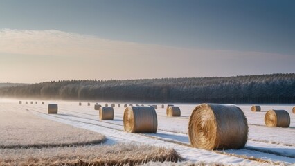 Obraz premium In this beautiful example of Rural winter landscapes, frost-covered hay bales are scattered across a snow-dusted field at dawn. Mist rises over the distant hills, while barns and bare trees create a s