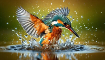 Female Kingfisher emerging from the water after an unsuccessful dive to grab a fish.