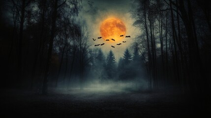 Fototapeta premium Serene night landscape featuring a full moon, silhouetted trees, and a mystical fog, with bats soaring across a starry sky.