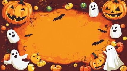 Halloween-themed background featuring pumpkins, ghosts, and bats, perfect for spooky decorations or themed events.