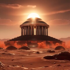 Obraz premium A monumental structure on Mars , casting long shadows over the red sands, with intricate alien carvings and tall spires,