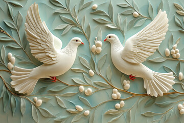 Delicate white doves in lush foliage signify harmony and tranquility at dawn