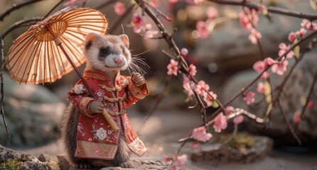 Ferret in traditional clothing holding a parasol with cherry blossoms in the background