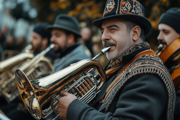 A lively band performing with brass instruments in a autumn festival atmosphere