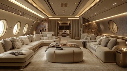Fototapeta premium Luxurious living room interior design on a private jet with beige and gold accents.