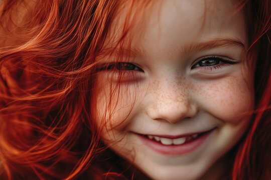 Joyful redheaded child with freckles smiling brightly outdoors in natural light