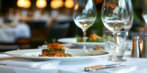 Fine dining table setting with gourmet dish, Elegant restaurant table with plated gourmet food