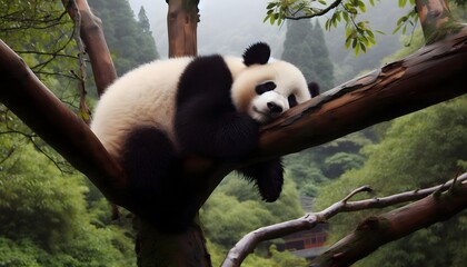 Obraz premium A young panda sleeps on the branch of a tree
