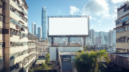 Obraz premium Urban scene featuring a blank billboard surrounded by residential buildings and skyscrapers under a clear sky.
