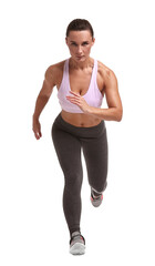 Obraz premium Woman in sportswear running on white background