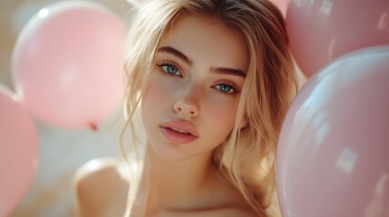Naklejka premium Beautiful Girl Surrounded by Pink Balloons in Studio Setting