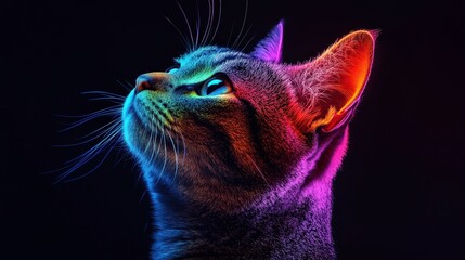 Technicolor Tabby: Vibrant Holographic Cat Portrait in Cosmic Neon Gradient - Modern Creative Stock Photo