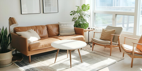 Modern Scandinavian living room interior, Bright and stylish living room with contemporary furniture, Scandinavian interior design of modern living room