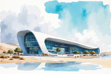Fototapeta premium Futuristic convention center building project in the desert by the sea reflecting water