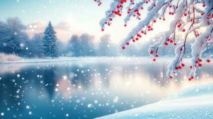 Snowy winter landscape with a frozen lake, red berries on a snow-covered branch in the foreground, and a forest in the background.