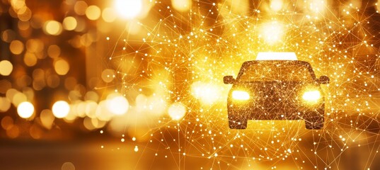 Golden Abstract Network Around A Cityscape Smart Car In A Futuristic Setting Of Night City Lights