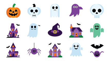 Colorful Halloween icons featuring pumpkins, ghosts, haunted houses, bats, spiders, and witch hats against a white background.
