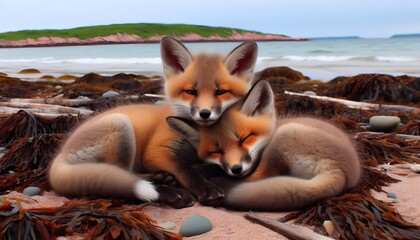 Wild baby red foxes cuddling at the beach, June 2020, Nova Scotia, Canada