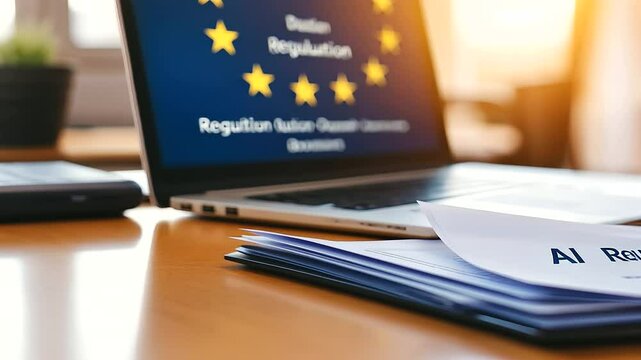 A close-up shot of a stack of papers titled "AI Regulation" resting on a polished wooden desk, with a focus on the EU flag watermark and bold text