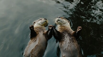 Two otters float on their backs in a pond, their paws raised.