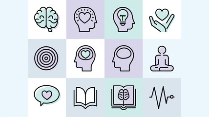 Illustrated icons representing mental health and wellness concepts, featuring brains, hearts, and meditation symbols in pastel colors.