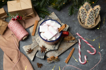 One red iron mug with hot cocoa, marshmallows on top with cinnamon.