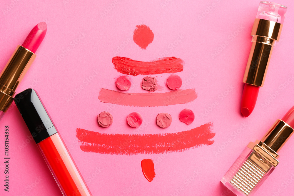 Sticker Christmas tree drawn with lipsticks on pink background, flat lay