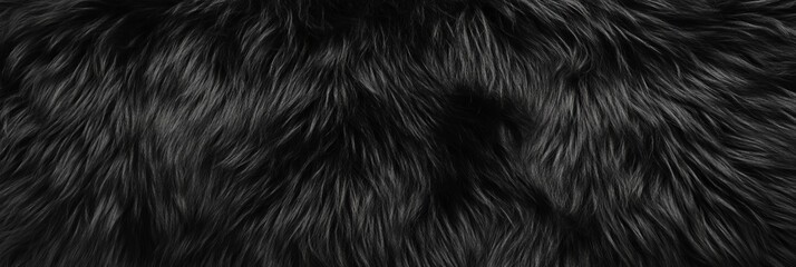 Black Furry Soft Shaggy Background. Long Hair Wool Fabric Texture. Plush, Fluffy, Smooth and Glossy