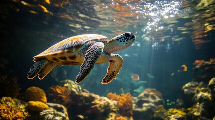 A sea turtle swims through a coral reef with sunlight streaming in from above.