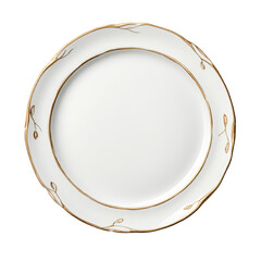 Obraz premium Elegant white plate with delicate gold rim and floral design, perfect for dining occasions. Ideal for formal settings or special events. isolated white background