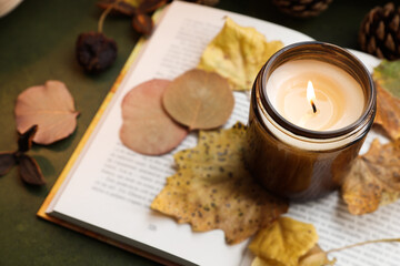 Burning candle, dry leaves and open book on green background, closeup. Autumn atmosphere