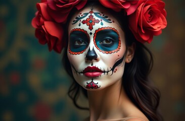 A woman adorned with colorful sugar skull makeup and vibrant roses poses gracefully for a celebratory event at dusk