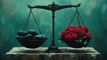 A vintage scale with black rocks on one side and a bouquet of red roses on the other, set against a blue-green background.