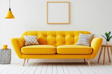 Stylish yellow sofa in a minimalist living room interior with picture frame, 3D rendering.