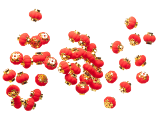 Many Red Chinese lantern float in air with gold element fly. Many Red China lantern lamp get wind blow hanging and show many angle view. Chinese New Year decorative items. White background isolated