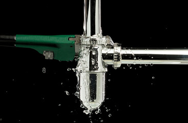 Heavy Duty Wrench fix Water leak under sink. Drain sink leak water from pipe hose plumbing in...