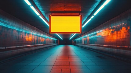 An empty subway tunnel with a blank billboard in the center. The walls are tiled in white and the floor is red and blue.