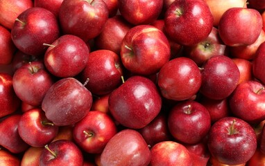 Fresh ripe red apples as background, top view