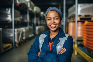 Fototapeta premium Portrait of a smiling African American female worker at factory