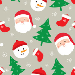 Christmas seamless pattern with Santa Claus, snowman, trees and socks. Vector illustration. It can be used for wallpapers, wrapping, cards, patterns for clothes and other.