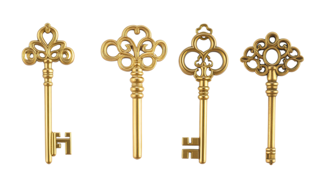 Set of Four Ornate Golden Keys Displayed on a White Background Generative AI