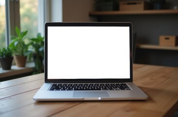Fototapeta premium A blank laptop screen on a wooden table with plants in the background during daylight in a cozy indoor workspace