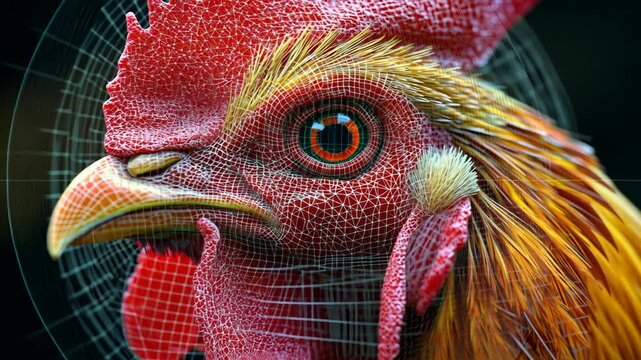 A close-up of a rooster's face with a wireframe overlay, showcasing its intricate details - Powered by Adobe